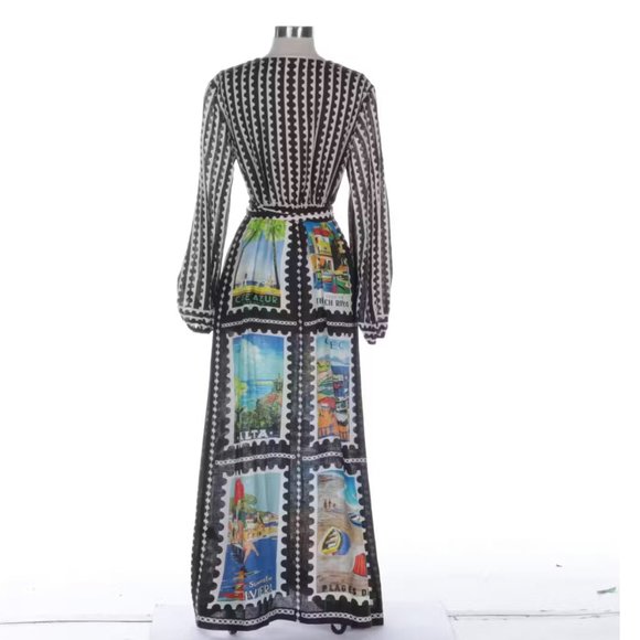 Mary Katrantzou Plunging V-Neck Maxi Dress in Postage Stamp Printed Linen - Picture 3 of 8